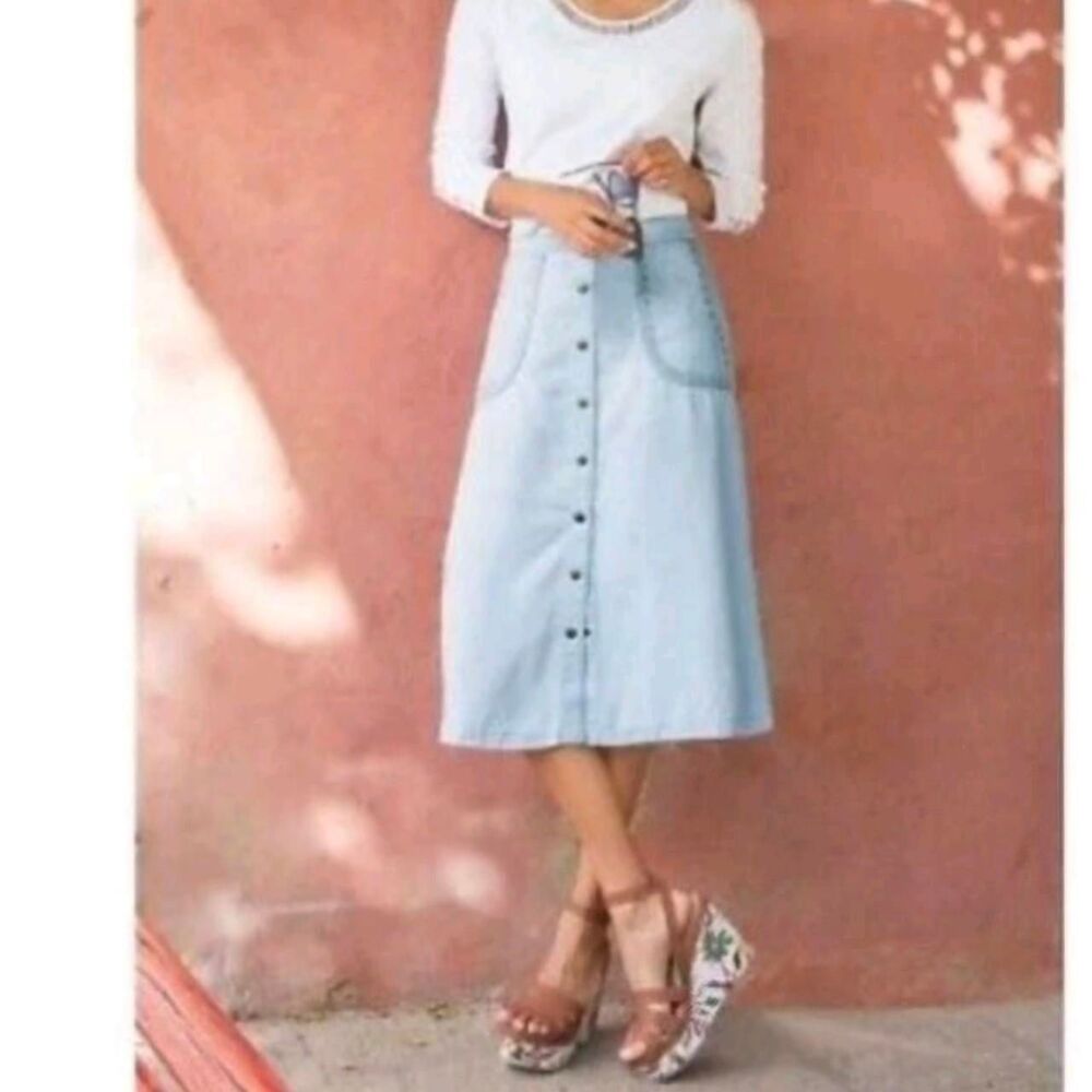 Soft Surroundings Light Blue Chambray Button Snap Midi Skirt Cottagecore Size Sm
